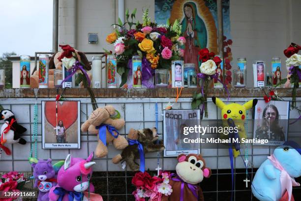 Memorials for the victims of the Robb Elementary School mass shooting are displayed at Sacred Heart Catholic Church on May 29, 2022 in Uvalde, Texas....