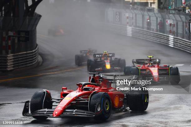 Charles Leclerc of Monaco driving the Ferrari F1-75 leads Carlos Sainz of Spain driving the Ferrari F1-75 during the F1 Grand Prix of Monaco at...