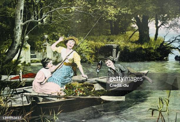 children fishing from a boat, a shoe on the hook - vintage fishing lure stock illustrations