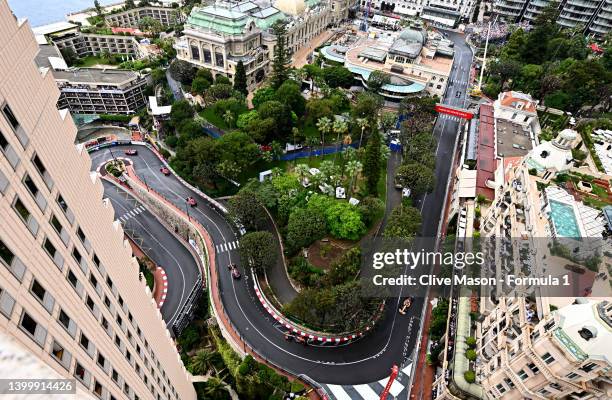 General view as the FIA Safety Car leads the field on a formation lap during the F1 Grand Prix of Monaco at Circuit de Monaco on May 29, 2022 in...