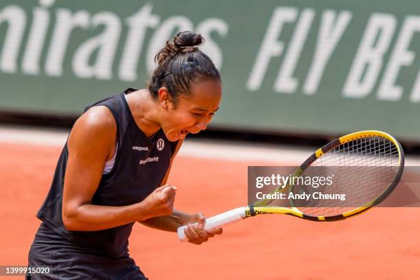 Leylah Fernandez of Canada celebrates winning match point against Amanda Anisimova of The United States during the Women's Singles Fourth Round match...