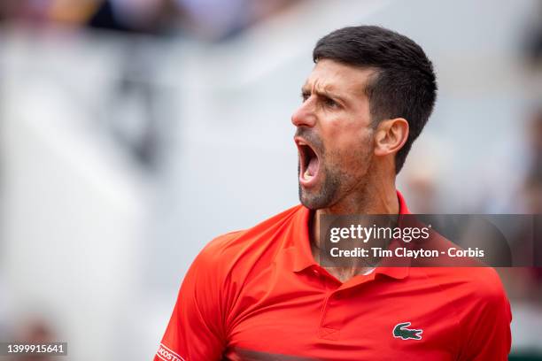 May 29. Novak Djokovic of Serbia reacts during his match against Diego Schwartzman of Argentina on Court Suzanne Lenglen during the singles fourth...