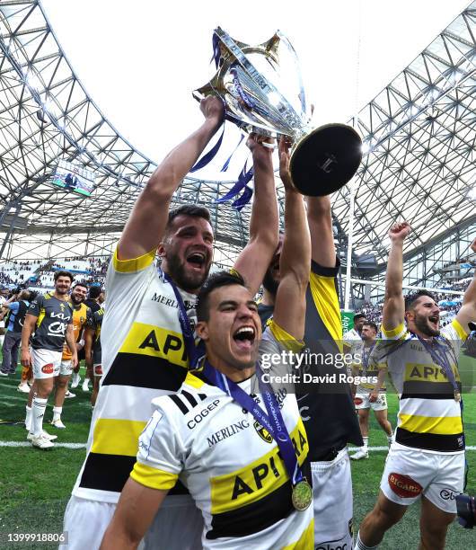 Thomas Berjon and Thomas Lavault of La Rochelle, celebrate with the Champions Cup after their victory during the Heineken Champions Cup Final match...