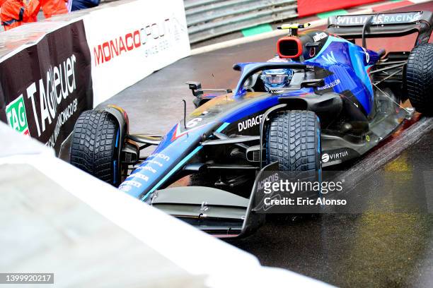 Nicholas Latifi of Canada driving the Williams FW44 Mercedes collides with the track barrier on the formation lap during the F1 Grand Prix of Monaco...