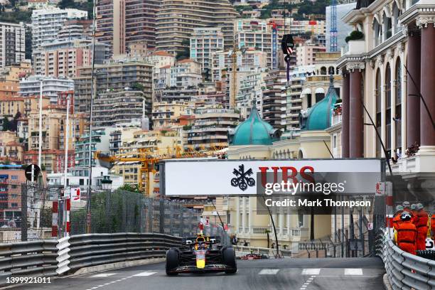 Sergio Perez of Mexico driving the Oracle Red Bull Racing RB18 on track during the F1 Grand Prix of Monaco at Circuit de Monaco on May 29, 2022 in...