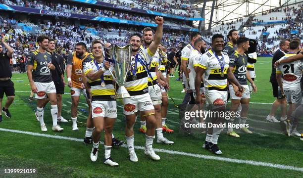 La Rochelle celebrate with the Champions Cup after their victory during the Heineken Champions Cup Final match between Leinster Rugby and La Rochelle...