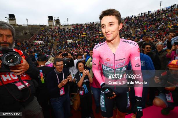 Jai Hindley of Australia and Team Bora - Hansgrohe Pink Leader Jersey celebrates as final overall winner at the Arena di Verona during the 105th Giro...