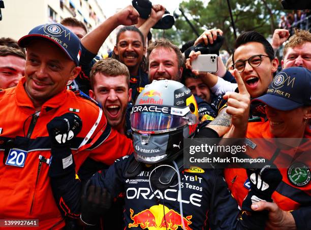 Race winner Sergio Perez of Mexico and Oracle Red Bull Racing celebrates in parc ferme during the F1 Grand Prix of Monaco at Circuit de Monaco on May...