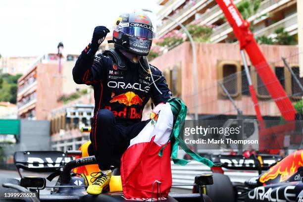 Race winner Sergio Perez of Mexico and Oracle Red Bull Racing celebrates in parc ferme during the F1 Grand Prix of Monaco at Circuit de Monaco on May...