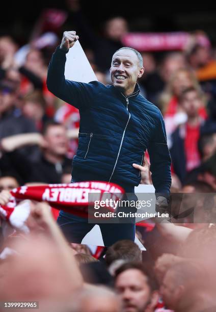 Nottingham Forest fans hold up a cardboard cutout of Nottingham Forest Manager Steve Cooper during the Sky Bet Championship Play-Off Final match...