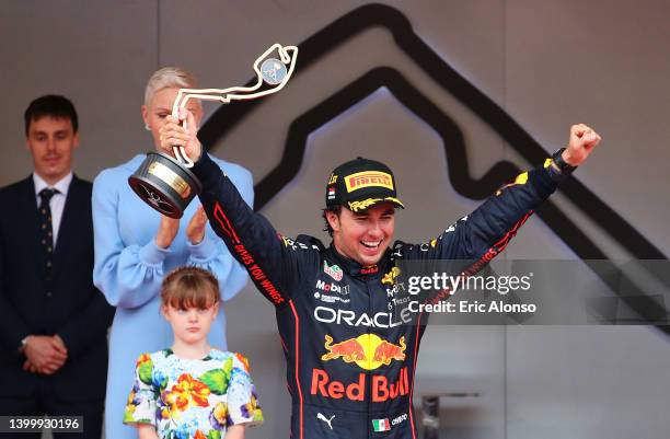 Race winner Sergio Perez of Mexico and Oracle Red Bull Racing celebrates on the podium during the F1 Grand Prix of Monaco at Circuit de Monaco on May...