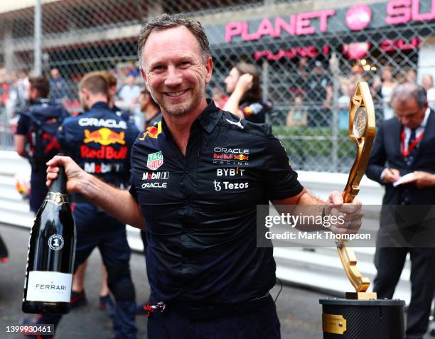 Red Bull Racing Team Principal Christian Horner celebrates the race win of Sergio Perez of Mexico and Oracle Red Bull Racing during the F1 Grand Prix...