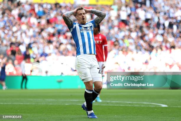 Daniel Ward of Huddersfield reacts after missing a chance during the Sky Bet Championship Play-Off Final match between Huddersfield Town and...