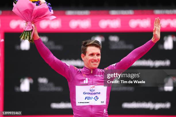 Arnaud Demare of France and Team Groupama - FDJ Purple Points Jersey celebrates at final podium during the 105th Giro d'Italia 2022, Stage 21 a...