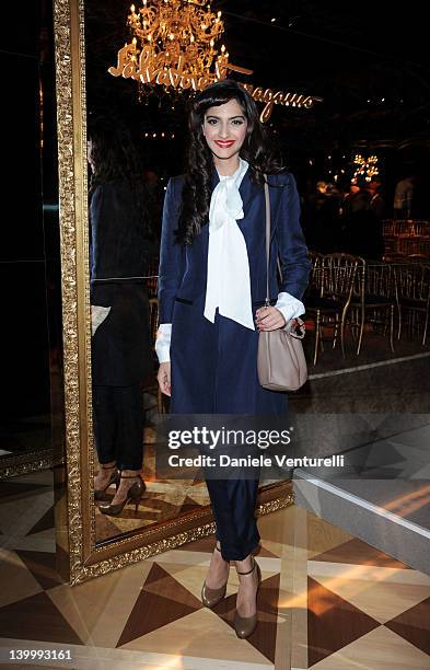 Sonam Kapoor attends the Salvatore Ferragamo Autumn/Winter 2012/2013 fashion show as part of Milan Womenswear Fashion Week on February 26, 2012 in...