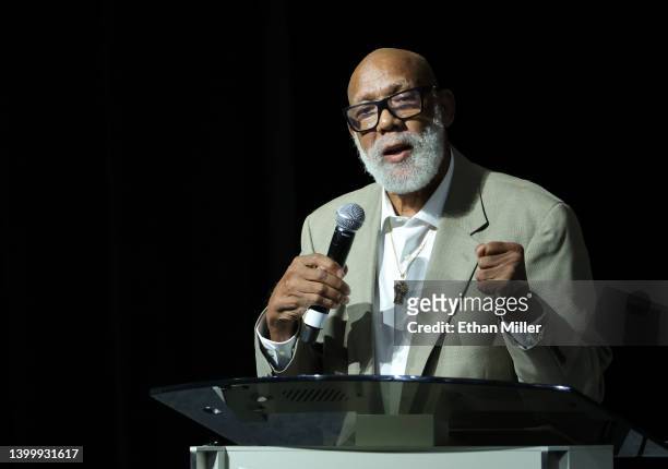 Former track and field athlete John Carlos presents the John Carlos and Tommie Smith Social Justice Champion Award at the Advancement of Blacks in...