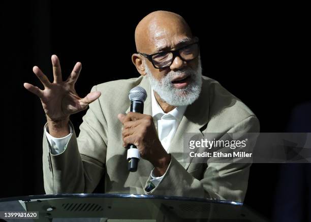 Former track and field athlete John Carlos presents the John Carlos and Tommie Smith Social Justice Champion Award at the Advancement of Blacks in...