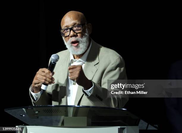 Former track and field athlete John Carlos presents the John Carlos and Tommie Smith Social Justice Champion Award at the Advancement of Blacks in...