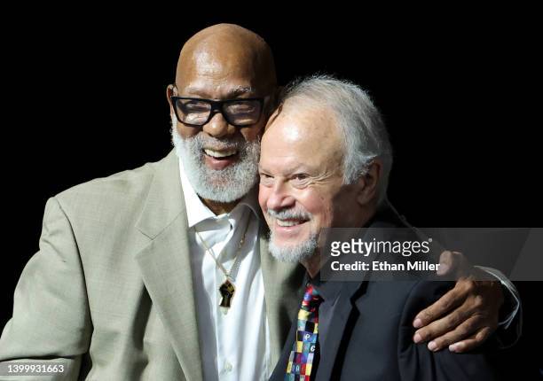 Former track and field athlete John Carlos presents the John Carlos and Tommie Smith Social Justice Champion Award to Dr. Richard Lapchick at the...