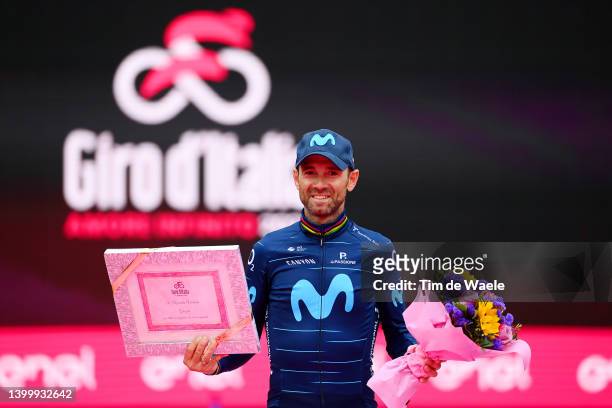 Alejandro Valverde Belmonte of Spain and Movistar Team waves the crowd at the Arena di Verona at his farewell as a professional cyclist during the...