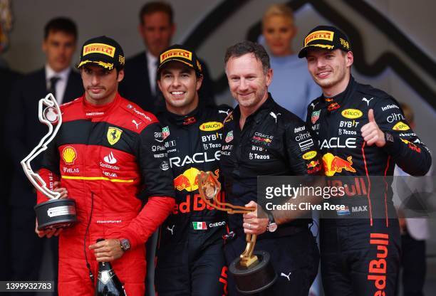 Race winner Sergio Perez of Mexico and Oracle Red Bull Racing, Second placed Carlos Sainz of Spain and Ferrari, Third placed Max Verstappen of the...