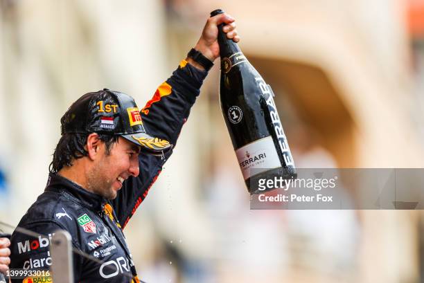 Sergio Perez of Mexico and Red Bull Racing celebrates finishing in first position during the F1 Grand Prix of Monaco at Circuit de Monaco on May 29,...