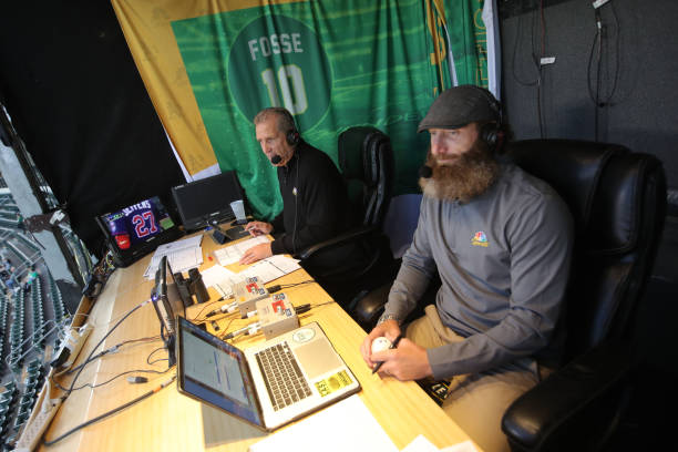 Broadcasters Glen Kuiper and Dallas Braden of the Oakland Athletics in the TV booth during the game against the Minnesota Twins at RingCentral...