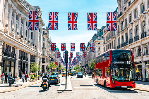 Union Jacks on Oxford Street for the Queen"s Platinum Jubilee