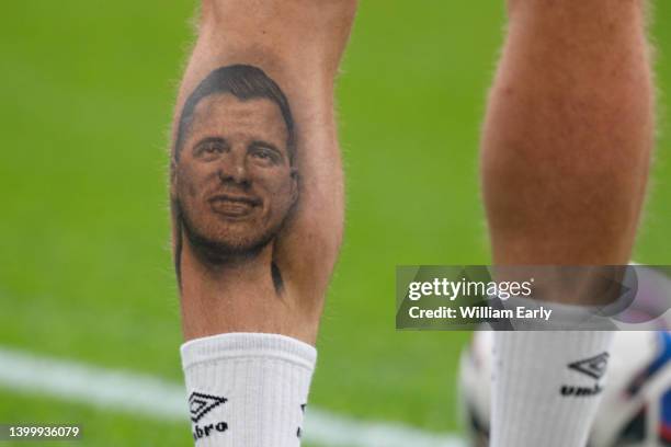 Danny Ward of Huddersfield Town with a tattoo in memory of ex Huddersfield Town player Jordan Sinnott during the Sky Bet Championship Play-Off Final...