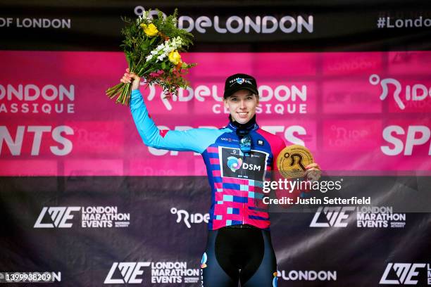 Lorena Wiebes of Netherlands and Team DSM celebrates at podium as sprint jersey winner during the 5th RideLondon Classique 2022 - Stage 3 a 83,5km...