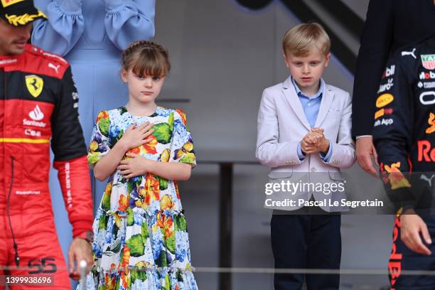 Princess Gabriella de Monaco and her Brother Prince Jacques de Monaco attend the F1 Grand Prix of Monaco at Circuit de Monaco on May 29, 2022 in...