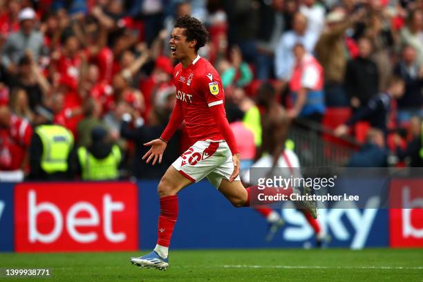 Brennan Johnson of Nottingham Forest celebrates his team's victory during the Sky Bet Championship Play-Off Final match between Huddersfield Town and...