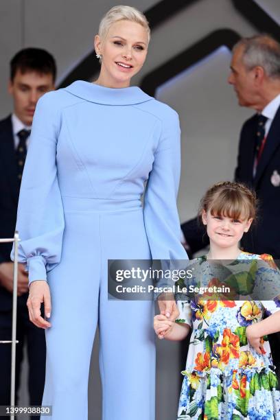 Princess Charlene of Monaco and her daughter Princess Gabriella of Monaco attend the F1 Grand Prix of Monaco at Circuit de Monaco on May 29, 2022 in...