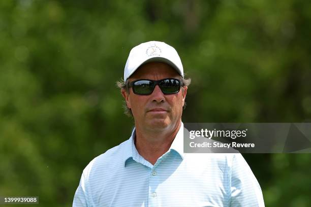 Stephen Ames of Canada walks off the second tee during the final round of the Senior PGA Championship presented by KitchenAid at Harbor Shores Resort...