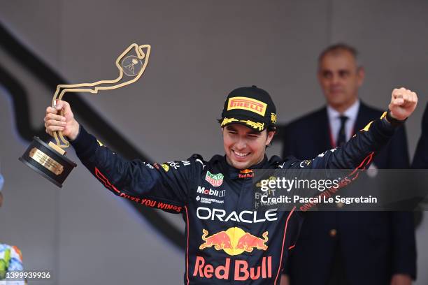 Winner of race Sergio Pérez attends Awards Ceremony during the F1 Grand Prix of Monaco at Circuit de Monaco on May 29, 2022 in Monte-Carlo, Monaco.