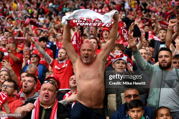 Nottingham Forest fans celebrate their team's victory during the Sky Bet Championship Play-Off Final match between Huddersfield Town and Nottingham...