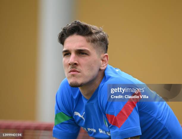 Nicolo Zaniolo of Italy looks on during an Italy training session at Centro Tecnico Federale di Coverciano on May 29, 2022 in Florence, Italy.