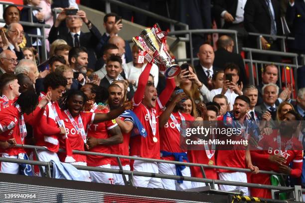 Joe Worrall of Nottingham Forest lifts trophy following the Sky Bet Championship Play-Off Final match between Huddersfield Town and Nottingham Forest...