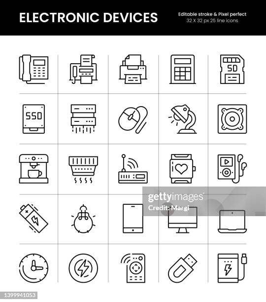 bearbeitbare strichliniensymbole für elektronische geräte - modem stock-grafiken, -clipart, -cartoons und -symbole