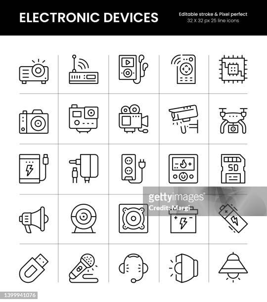 bearbeitbare strichliniensymbole für elektronische geräte - surveillance camera stock-grafiken, -clipart, -cartoons und -symbole