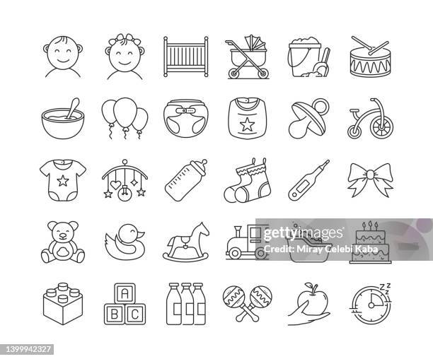 baby thin line icons set - baby bath toys stock illustrations