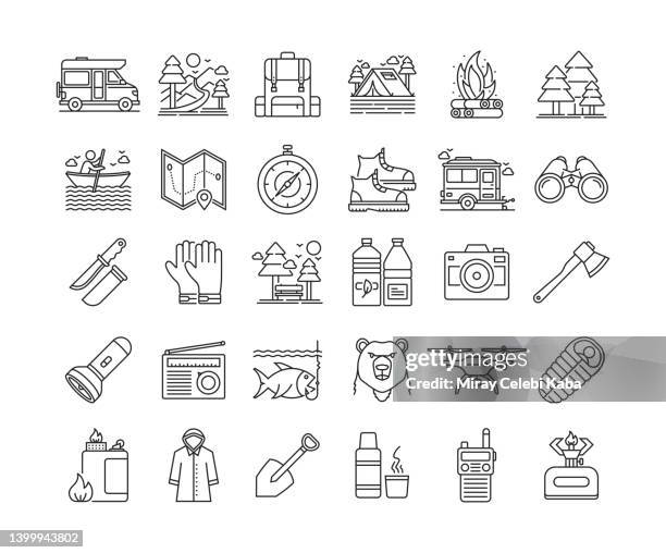 camping thin line icons set - sustainable fishing stock illustrations