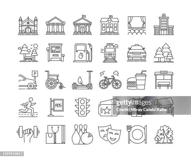 ilustraciones, imágenes clip art, dibujos animados e iconos de stock de conjunto de iconos de línea delgada de elementos de ciudad - town hall square