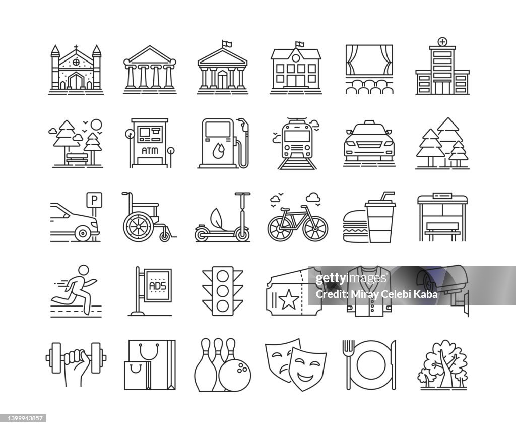 City Elements Thin Line Icons Set