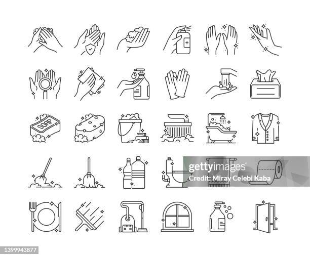 ilustraciones, imágenes clip art, dibujos animados e iconos de stock de conjunto de iconos de línea delgada limpios e higiénicos - antiséptico