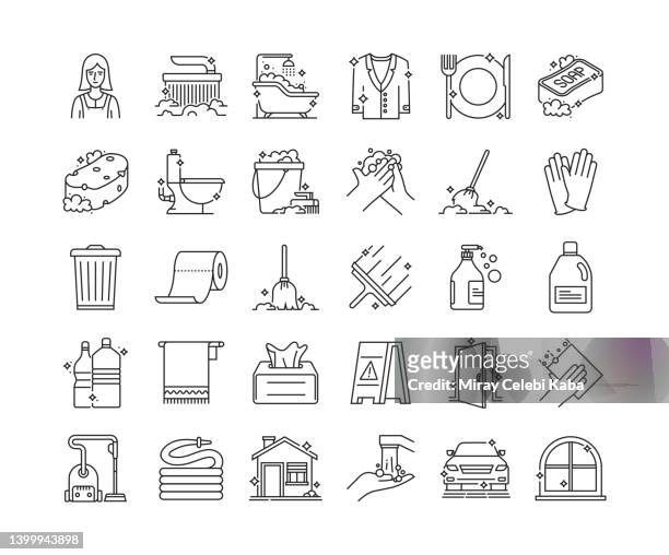 ilustraciones, imágenes clip art, dibujos animados e iconos de stock de conjunto de iconos de línea delgada del servicio de limpieza - aljofifa