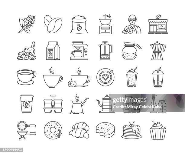 ilustrações de stock, clip art, desenhos animados e ícones de coffee thin line icons set - forma de queque