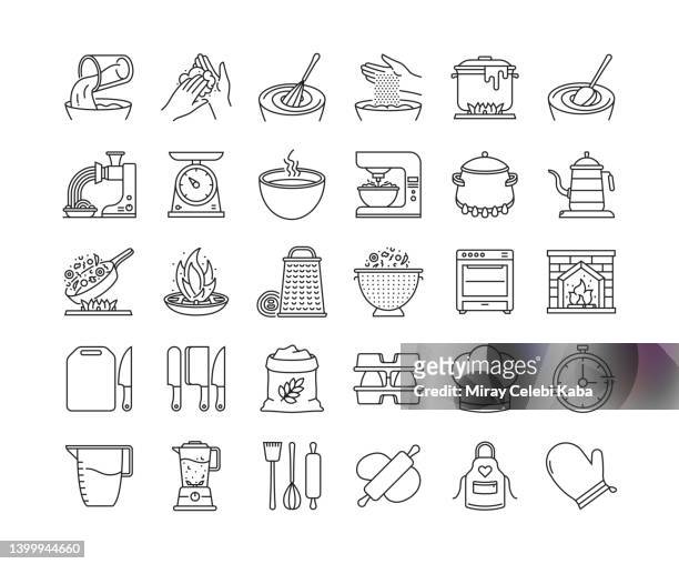 cooking line thin icons set - meat grinder stock illustrations