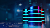Multiple database is placed on Relational database tables with server room and datacenter background. Concept of database server, SQL, data storage, database diagram design. 3D illustration.