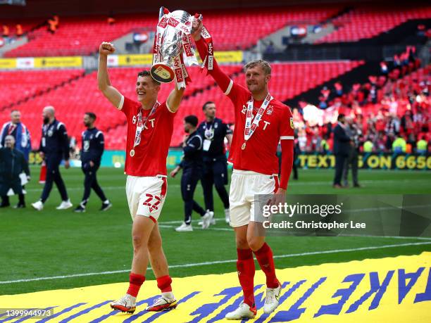 Ryan Yates and Joe Worrall of Nottingham Forest celebrates with the trophy following their sides victory in the Sky Bet Championship Play-Off Final...